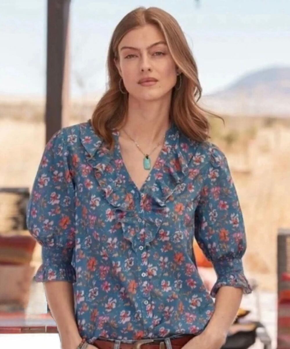 Sundance Ruffle Front Cotton Floral Button Up Blouse Women's Large Blue Boho